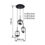 Hängelampe Blacky, schwarz/rauchgrau, Ø 46 cm, Glas, 3-flg.