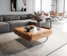 Couchtisch Kiano 90x90 cm Akazie Natur 2 Schübe V-Fuß Edelstahl