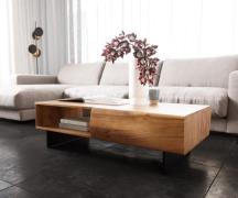 Couchtisch New Live-Edge 115x60 cm Akazie Natur 2 Schubladen 1 Fach Fu...