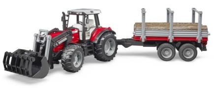 Bruder Massey Ferguson 7480 Traktor Mit Frontlaster Und Holztransporta...